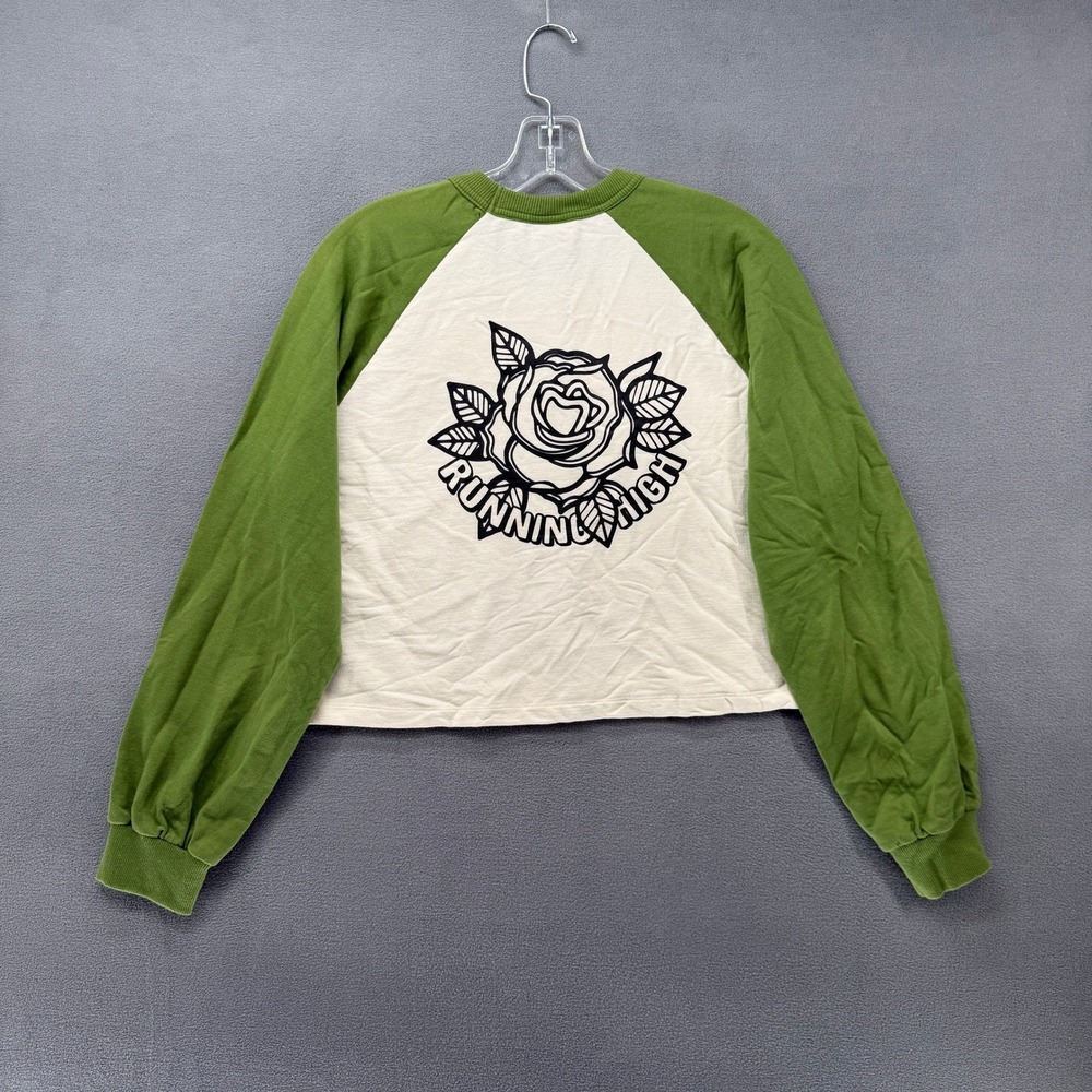 Running High Womens Cropped Raglan Sweatshirt‎ Green Cream Rose Graphic Logo